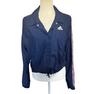 Adidas x Farm Rio Coach Jacket Navy Cropped Snap Front Floral Back Logo Size S